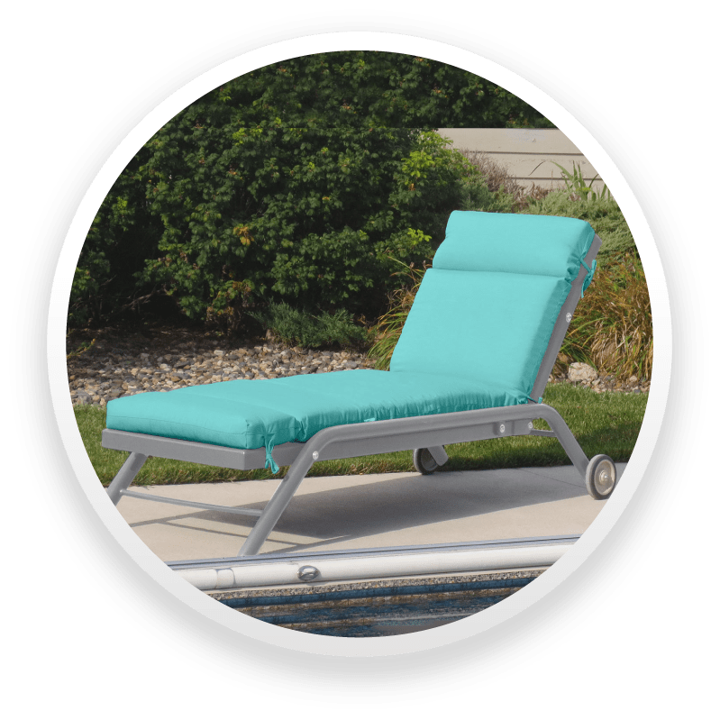 Pool chair with wheels and blue cushions