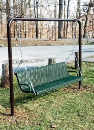 Swing and posts are completely plastisol coated - no rust! A Memorial plaque is centered on the backrest.