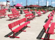 10-foot red picnic tables