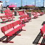 10-foot red picnic tables