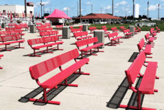 10-foot red picnic tables