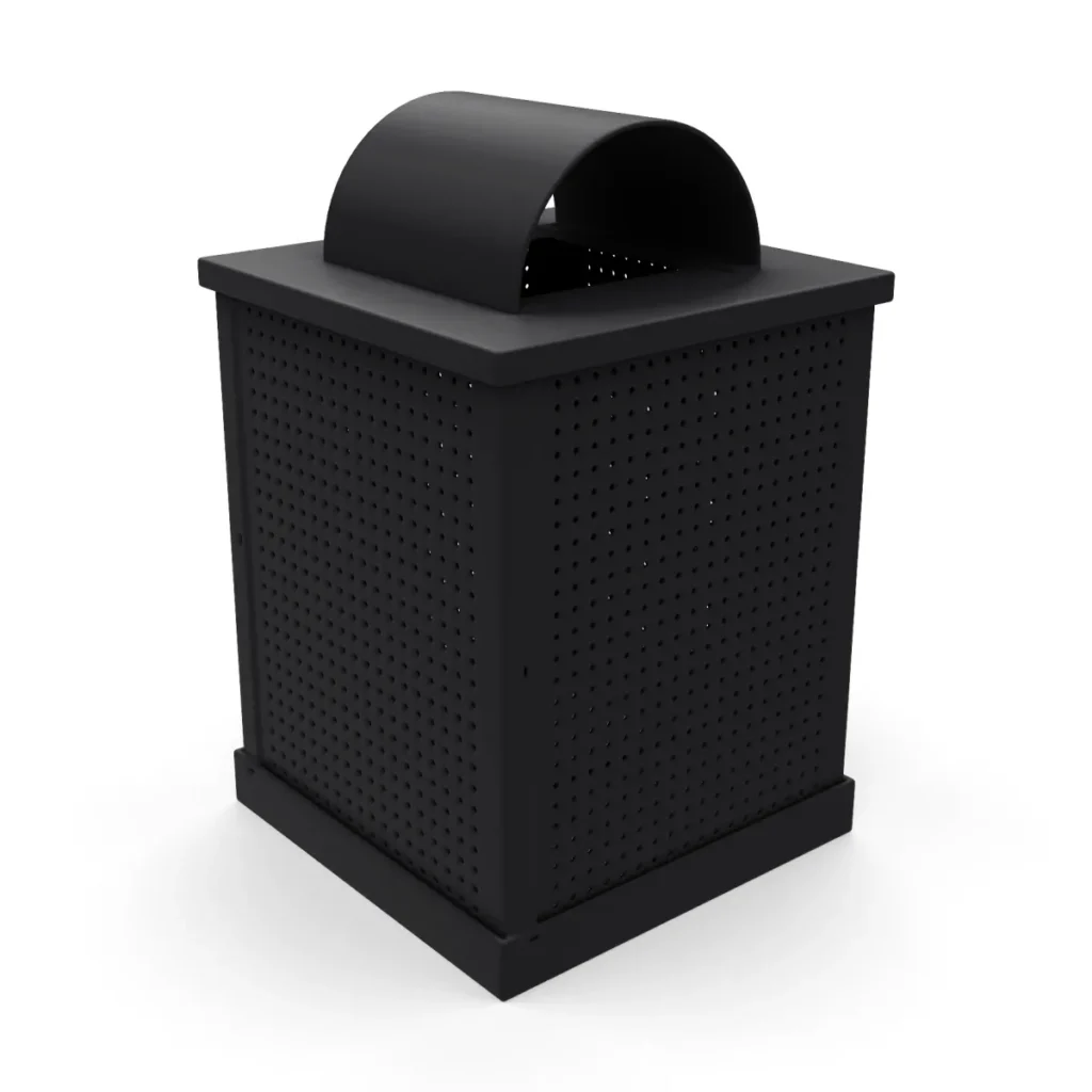 55 Gallon Square Trash Receptacle with Arch Lid, perforated steel, in black