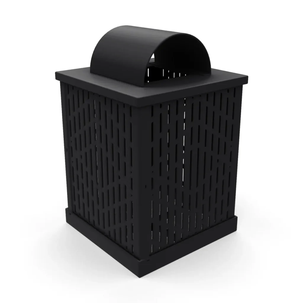 55 Gallon Square Trash Receptacle with Arch Lid, laser cut steel, in black